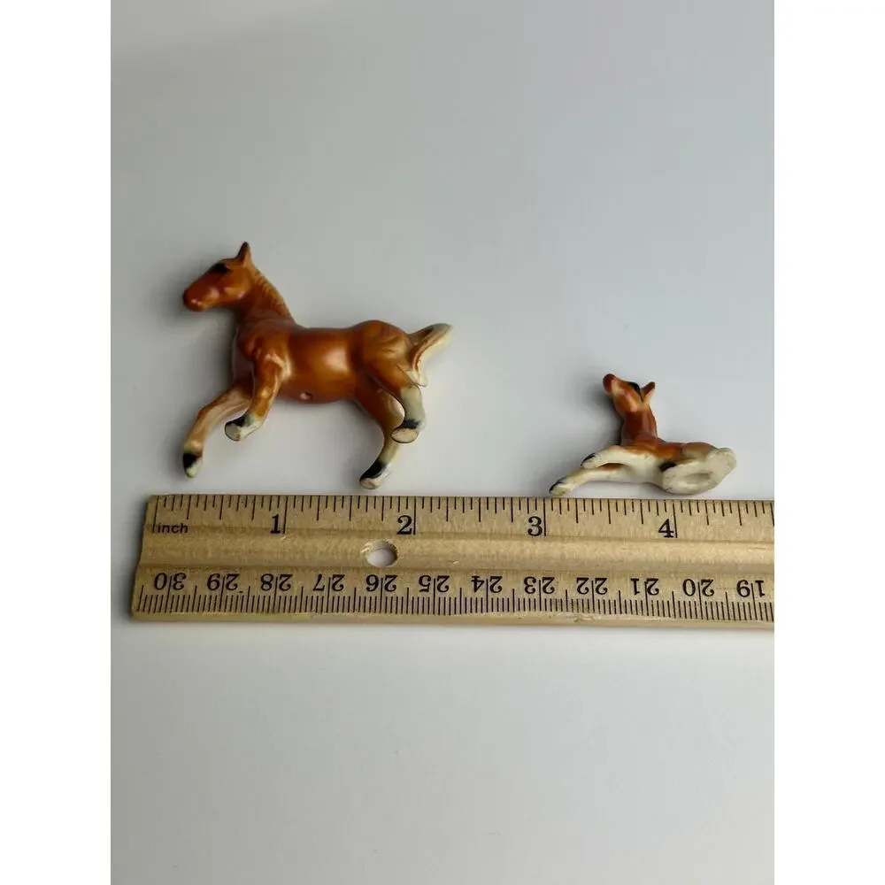 Vintage set miniature horses bone china chestnut brown figurines 1” and 2” flaw